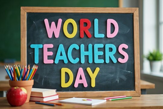 World teachers day message written with colorful letters on a classroom chalkboard