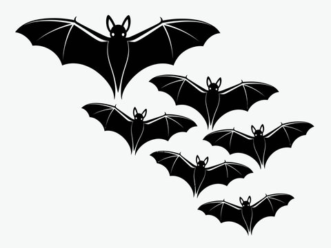 Six flying black bats colony silhouette Halloween illustration