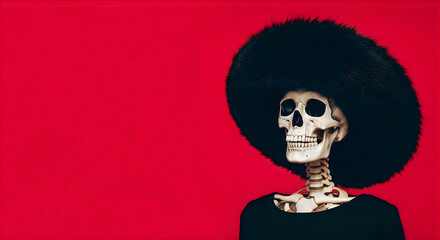 Fototapeta premium A stylish skeleton wearing a black hat on a red background for a happy halloween october 31 festive design