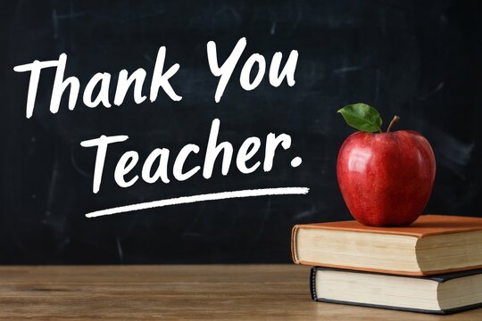Thank you teacher message with a red apple and books on a wooden desk