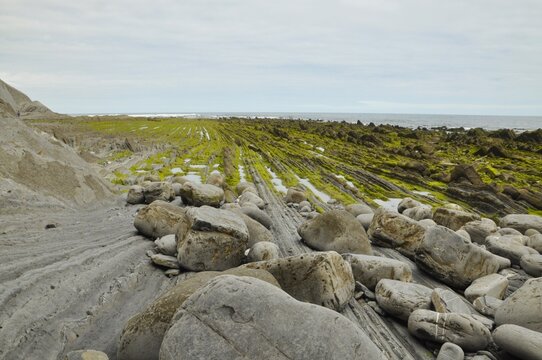 Rocas rodadas por el oleaje sobre la rasa mareal en Cala Sakoneta Deba