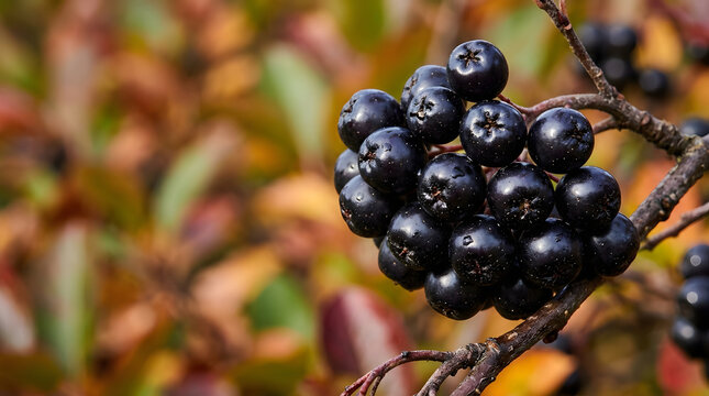 Macro close up of a ripe black chokeberry cluster on a branch. Detailed view of aronia berries with blurred autumn background