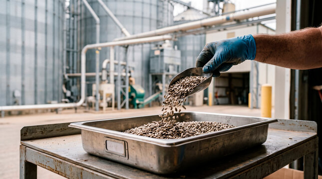 Worker pouring sunflower seeds into a tray in industrial setting
