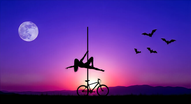 A silhouette of a woman pole dancing with a bicycle at sunset for a happy halloween october 31 celebration