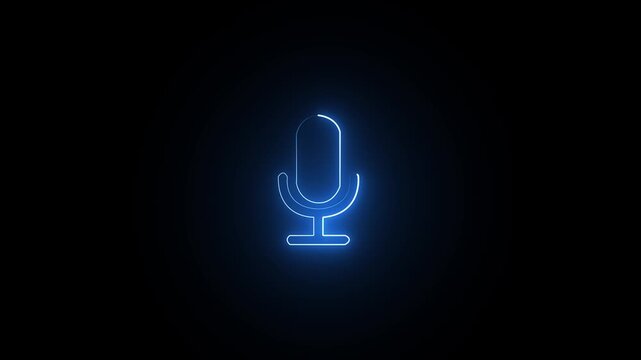Glowing neon blue color microphone icon animation audio mic voice record circle multimedia on black background