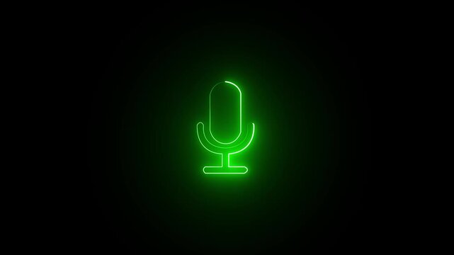 Glowing neon green color microphone icon animation audio mic voice record circle multimedia on black background