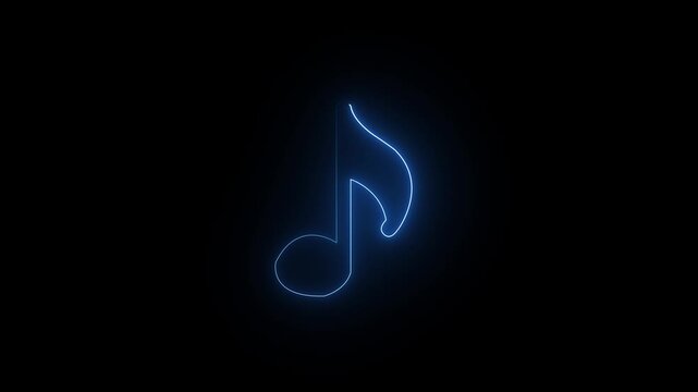 Neon music icon animation.  glowing blue color single musical note icon on black background, 4k motion video
