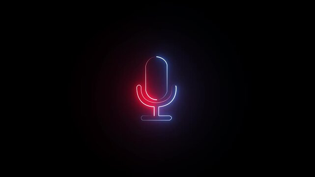 Glowing neon red and cyan color microphone icon animation audio mic voice record circle multimedia on black background