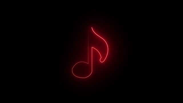 Neon music icon animation.  glowing red color single musical note icon on black background, 4k video