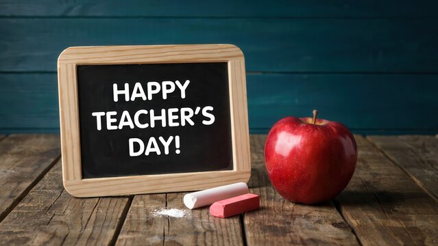 Happy teachers day message written on a small chalkboard with a red apple
