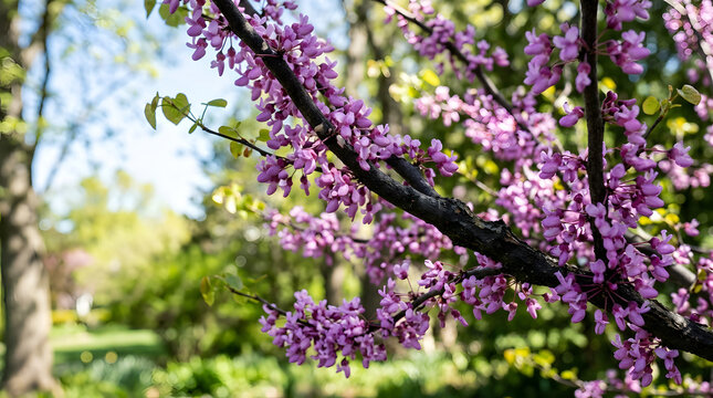 Pink redbud tree branch with purple flowers and green leaves. Blooming spring blossoms in a sunny park with blurred background