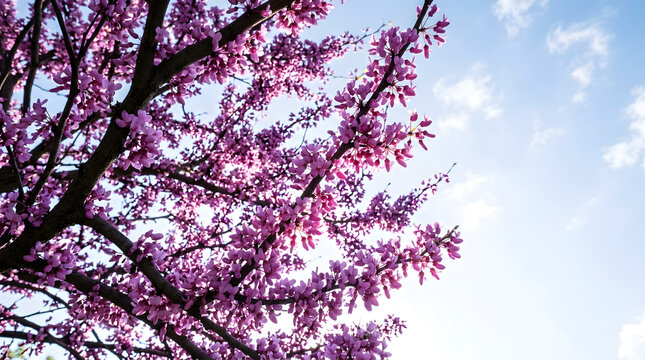 Looking up at pink redbud tree branches against a blue sky. Purple spring flowers blooming in sunlight with white clouds