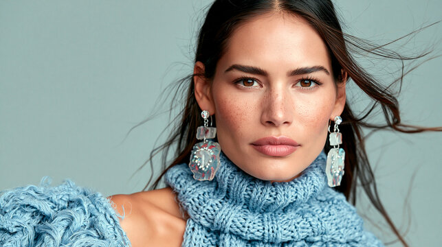 Elegant woman wearing a cool blue knitted sweater and crystal earrings in a modern beauty portrait with natural makeup and flowing dark hair