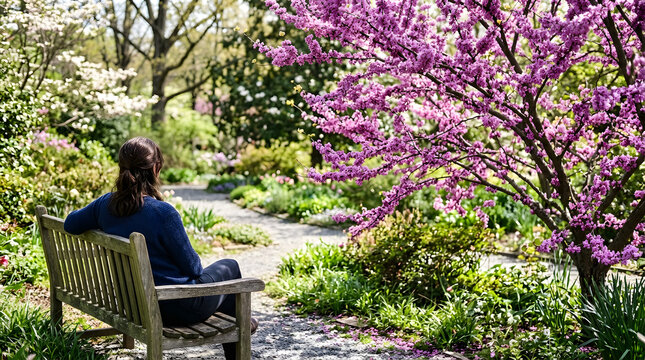 Woman sitting on a wooden bench in a spring garden. Female relaxing next to a blooming pink redbud tree and gravel path