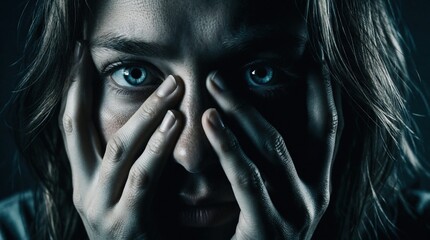 Fototapeta premium Close up of distressed woman with wide eyes. Young female person feels intense anxiety, fear. Hands cover face in panic despair. Mental health concept shows emotional struggle, psychological stress,