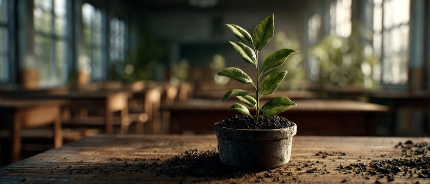 Plant life thrives in a sunlit classroom setting
