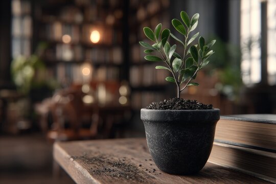 Small green plant thrives in cozy library setting
