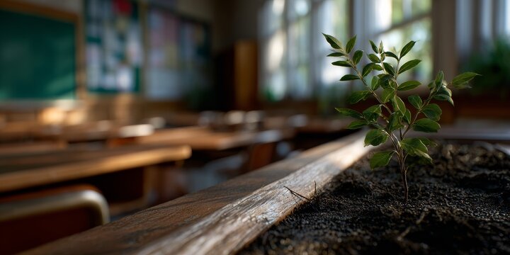 Green life blooms in a sunlit classroom