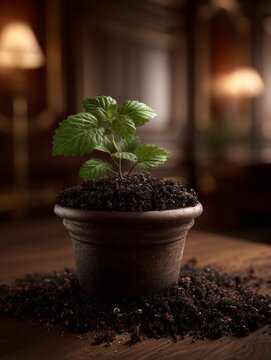 Small green plant thrives in vintage pot on wooden table