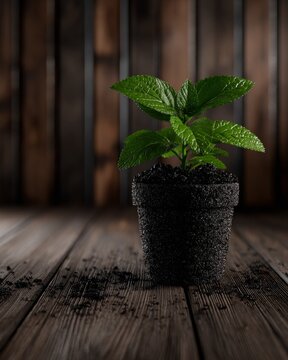Green plant growing in a dark pot on wooden surface