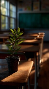Bright green plant brings life to quiet classroom scene