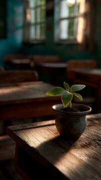 Sunlight caresses a young plant in an old classroom