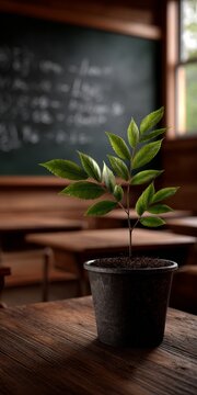 Green plant growing in a classroom on a wooden table