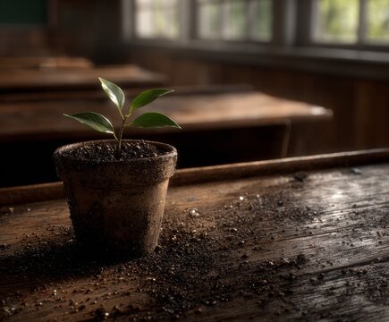Bright green sprout emerges in an old classroom
