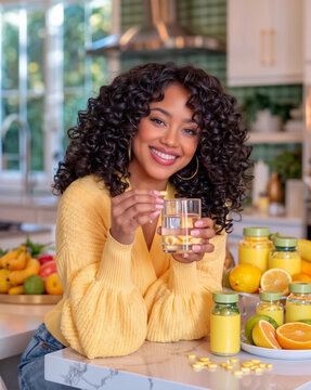 Smiling African American woman drinks morning vitamins on cozy kitchen background. Dietary supplement, morning medication intake concept. Lifestyle portrait for poster, presentation 