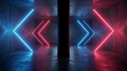 Fototapeta premium Dark concrete tunnel interior with glowing blue and red neon chevron arrows pointing towards a central dark pillar, symmetrical light lines