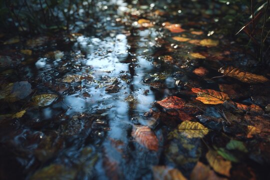 Autumn Leaves in Water, Sunlit Reflections