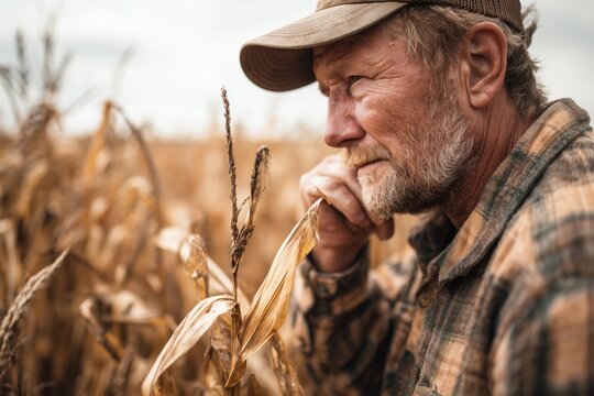 Concerned Farmer Inspecting Dry Corn Crop in Autumn Field