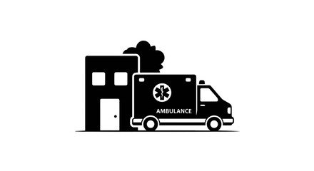 Fototapeta premium Vector illustration of ambulance vehicle and hospital building silhouette icon on a transparent background