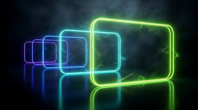Glowing neon rectangular frames in a row, receding into dark smoky background, with vibrant green, blue, and purple, light reflections on floor