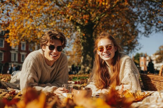 Cozy autumn picnic: Happy young couple enjoying fall day