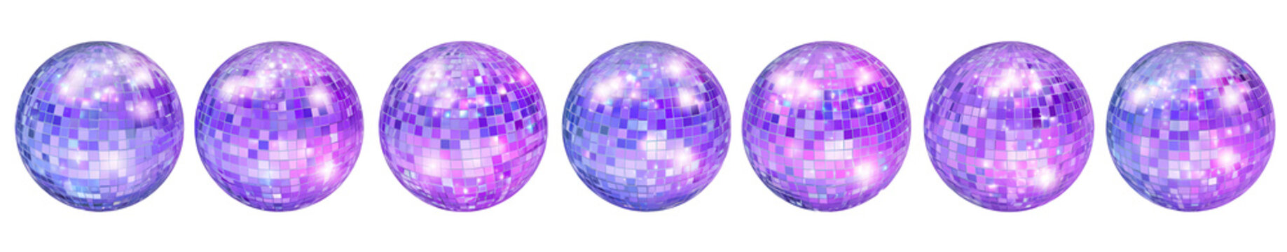 Six reflective disco balls in a row emitting vibrant purple light for party decor and events