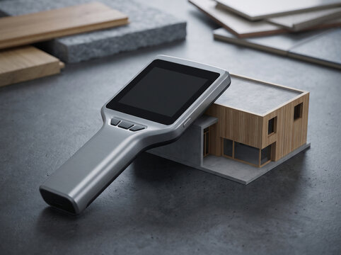 Modern electronic inspection device resting on an architectural wooden house model and stone tiles with electronic tool
