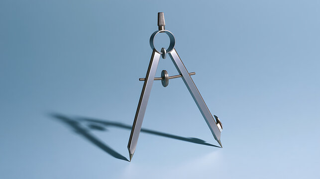 Metallic drawing compass standing on a blue surface with soft shadow, precision instrument for geometry, technical design, and education
