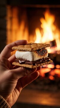 Hand holds warm smore dessert with melted chocolate and toasted marshmallow in front of cozy fireplace. Enjoy sweet treat by warm crackling fire indoors, perfect winter snack.