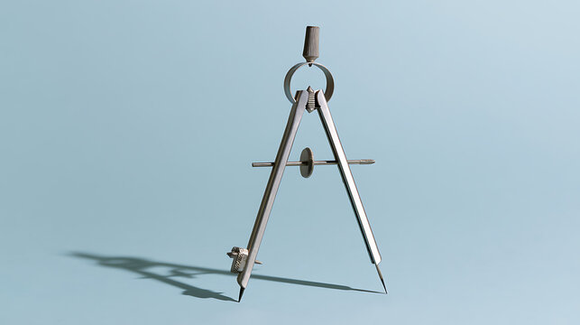 Minimalist composition featuring a precise metal drafting compass instrument on a clean light blue background for education concepts