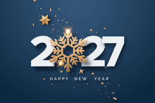 2027 Happy New Year text with golden snowflake, stars and confetti on dark blue background. Concept of New Year celebration, winter holiday and festive greeting