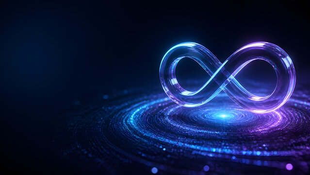 Infinity symbol glass loop glowing blue purple light swirl particle background technology innovation eternity endless growth digital