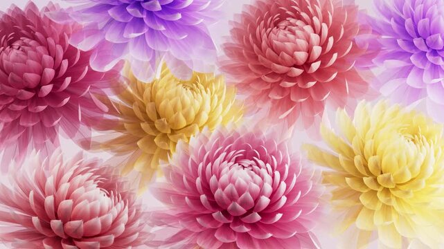Bright translucent chrysanthemum flowers blooming and scattering into flying petals, colorful x-ray style abstract floral background in pink yellow purple