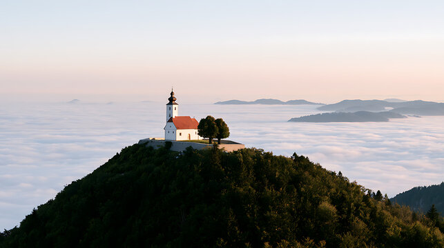 A small church perched on a green forested hill above a sea of clouds at sunrise, creating a serene and mystical mountain landscape view