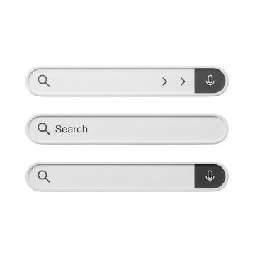 Collection of three minimalist web search bars isolated on transparent background for user interface design projects