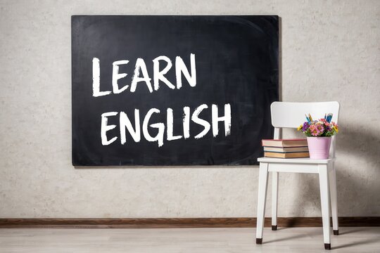 Learn english text written on a black chalkboard with books and flowers on a chair