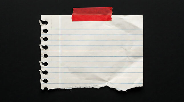 Blank torn lined notebook paper note fixed with red tape on black background