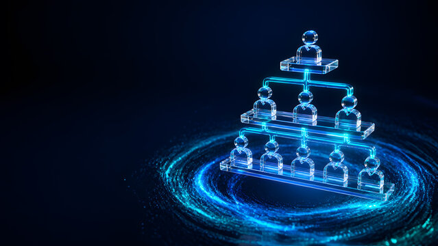 Glass hierarchy pyramid with people icon glowing blue light swirl background organization management leadership team structure corporate