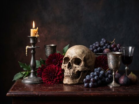 Dark baroque vanitas still life with a human skull, burning candle, red flowers, silver goblets, grapes, and figs on a wooden table