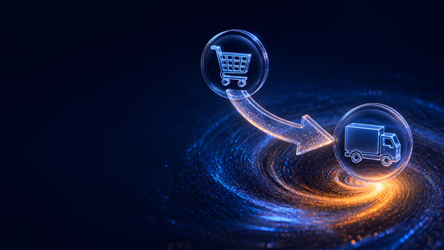 Shopping cart arrow to delivery truck glass icon glowing blue orange swirl background ecommerce order fulfillment logistics